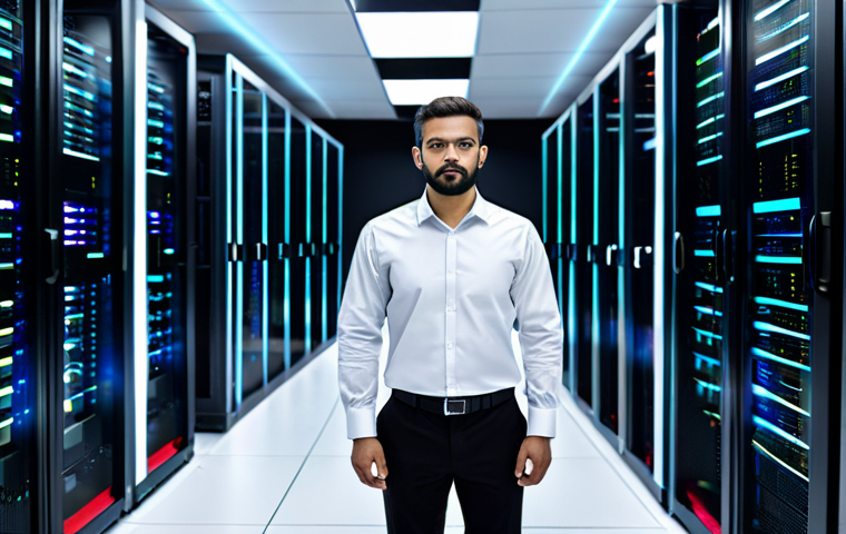 A focused professional male AI engineer, wearing a modest, dark business suit and a white shirt, observing server racks in a meticulously clean, modern data center. The racks are filled with glowing LED lights indicating active powerful AI processors. The scene emphasizes high-performance computing for AI, with abstract digital data streams subtly flowing in the background. The engineer is in a natural, upright pose, with perfect anatomy and correct proportions. The image should convey advanced technology and complex computational power, suitable for a corporate report or tech magazine. Fully clothed, appropriate attire, professional, safe for work, high quality, studio lighting, sharp focus, professional photography.