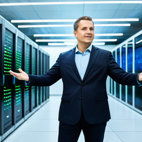 Home 29 An experienced male engineer, in professional business casual attire and fully clothed, stands confidently in a modern, brightly lit data center. He gestures towards a rack of high-performance AI accelerators, with blue and green data flow lights subtly visible, emphasizing invisible innovation. The environment is clean and futuristic. Perfect anatomy, correct proportions, natural pose, well-formed hands, proper finger count, natural body proportions, professional photography, high quality, safe for work, appropriate content, modest clothing.