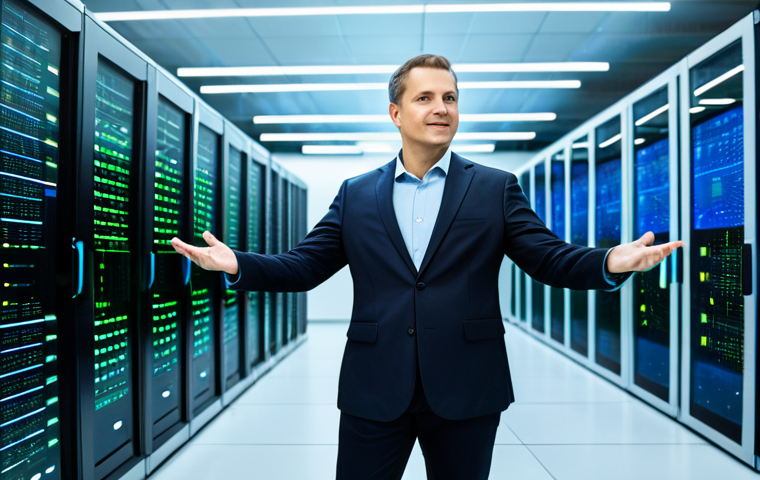An experienced male engineer, in professional business casual attire and fully clothed, stands confidently in a modern, brightly lit data center. He gestures towards a rack of high-performance AI accelerators, with blue and green data flow lights subtly visible, emphasizing invisible innovation. The environment is clean and futuristic. Perfect anatomy, correct proportions, natural pose, well-formed hands, proper finger count, natural body proportions, professional photography, high quality, safe for work, appropriate content, modest clothing.