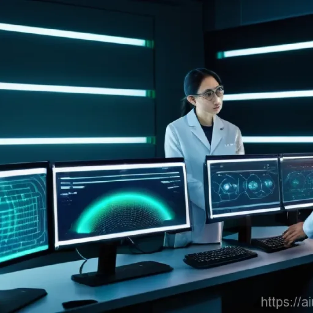 AI 하드웨어 가속기와 기업의 경쟁력 강화 - **Prompt:** A sleek, futuristic AI research laboratory at twilight. A diverse team of five scientist...