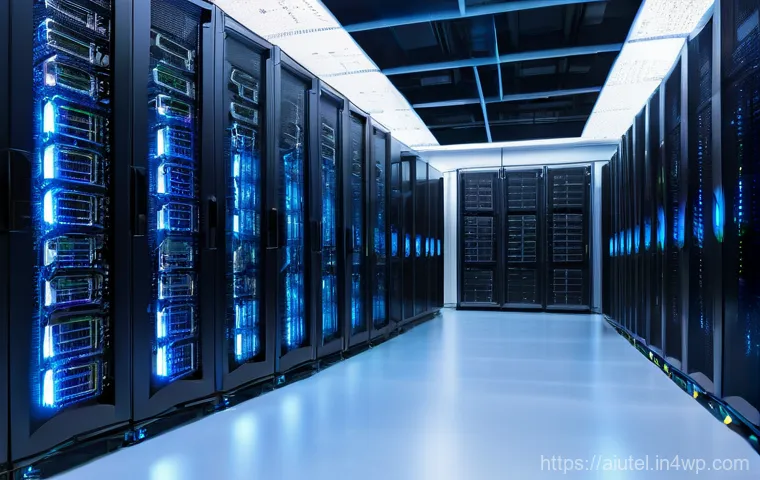 GPU와 TPU의 차이점 - **Prompt:** "A clean, minimalist, and futuristic interior of a Google-esque data center aisle, bathe...