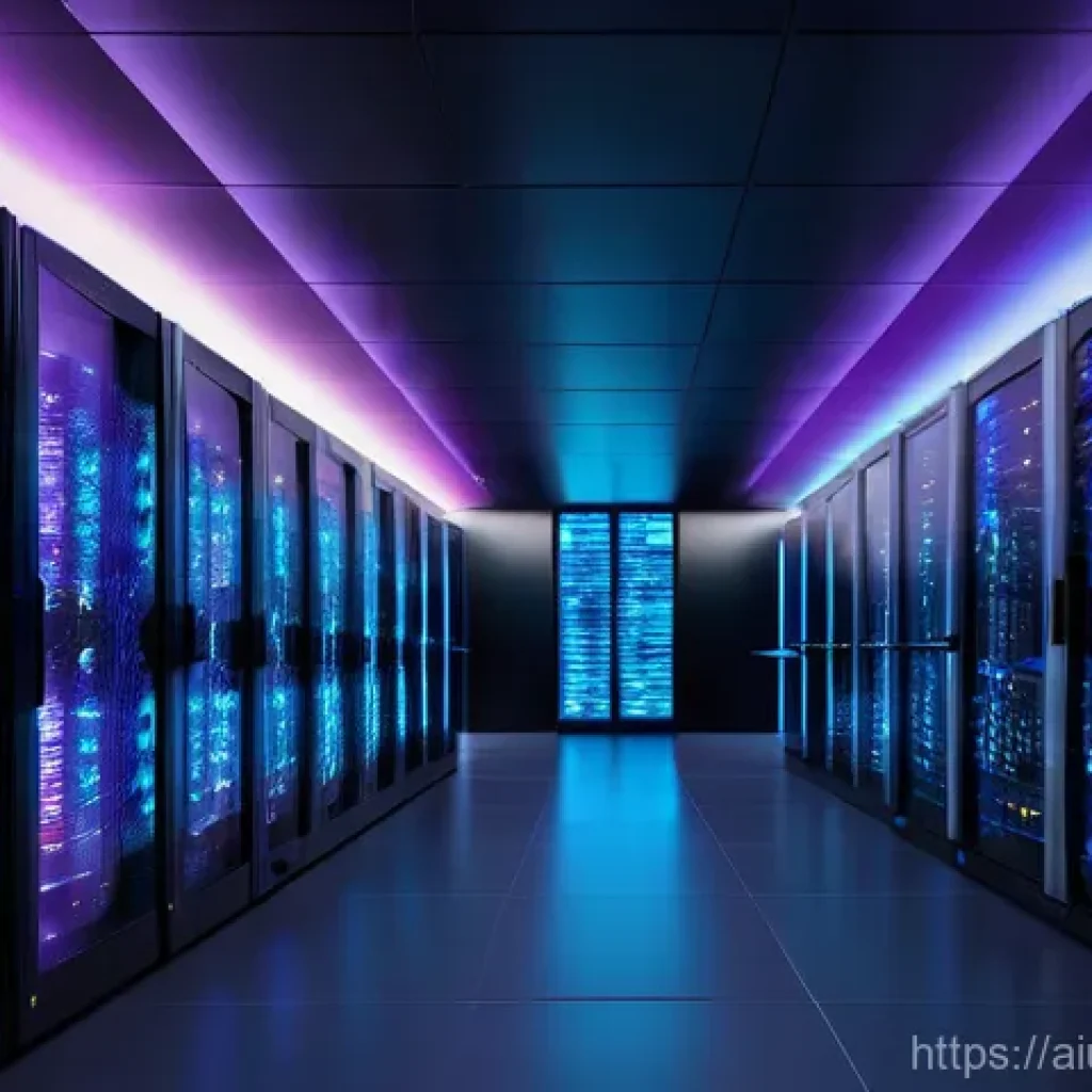 AI 하드웨어 가속기와 네트워크 대역폭 - A futuristic, vibrant data center interior, showcasing rows of sleek, minimalist server racks that h...