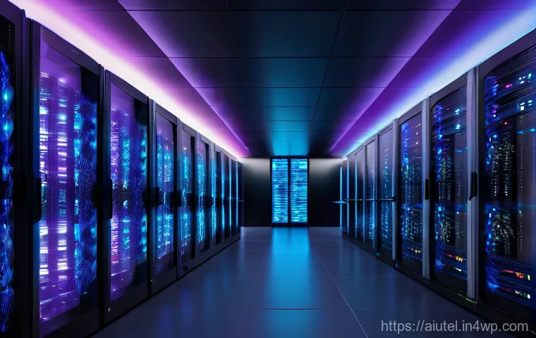 AI 하드웨어 가속기와 네트워크 대역폭 - A futuristic, vibrant data center interior, showcasing rows of sleek, minimalist server racks that h...