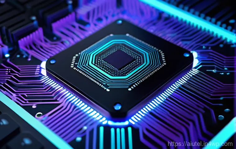AI 하드웨어 가속기와 데이터 처리 솔루션 - **Prompt:** A close-up, highly detailed shot of a futuristic Neural Processing Unit (NPU) or Languag...