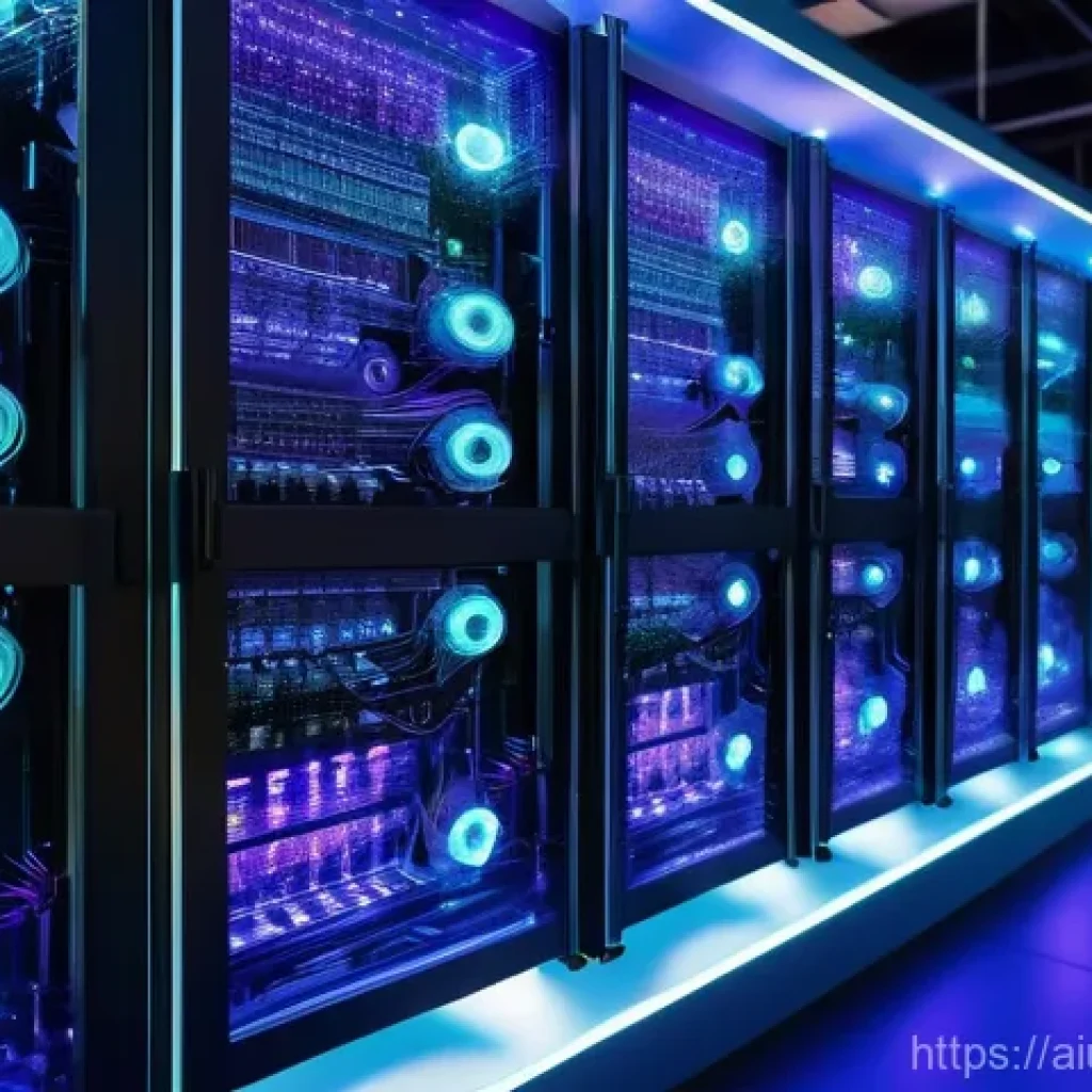 AI 하드웨어 가속기와 소프트웨어의 관계 - **Prompt:** A highly detailed, futuristic visualization of AI software and hardware synergy. On the ...