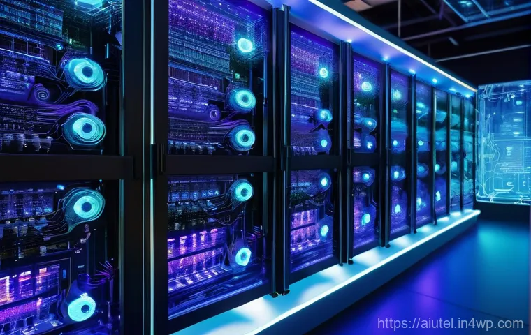 AI 하드웨어 가속기와 소프트웨어의 관계 - **Prompt:** A highly detailed, futuristic visualization of AI software and hardware synergy. On the ...