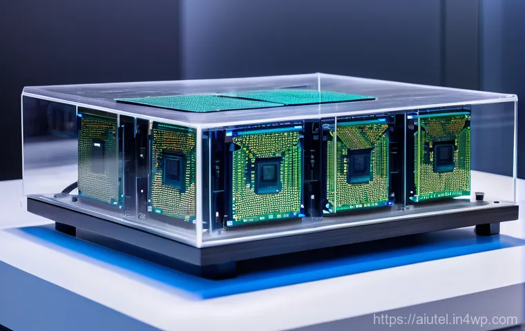 AI 하드웨어 가속기와 소프트웨어의 관계 - **Prompt:** A highly detailed, futuristic visualization of AI software and hardware synergy. On the ...