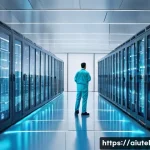 AI 하드웨어 가속기와 리소스 관리 - A futuristic, brightly lit data center where sleek, glowing AI accelerator units are arranged in nea...