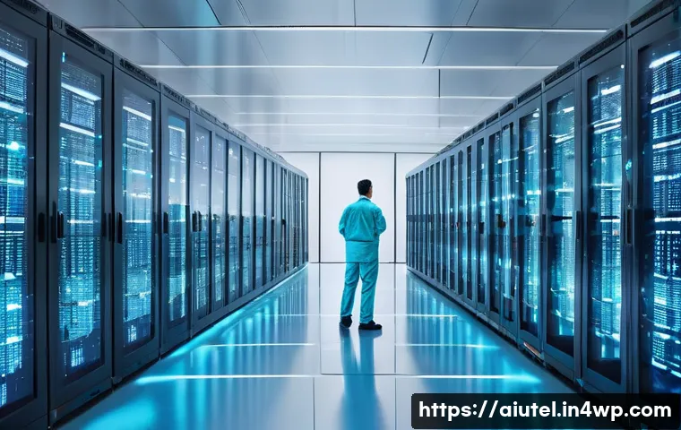 AI 하드웨어 가속기와 리소스 관리 - A futuristic, brightly lit data center where sleek, glowing AI accelerator units are arranged in nea...