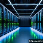 AI 하드웨어 가속기의 비용 효율성 - A futuristic large-scale data center interior showcasing rows of advanced AI hardware racks with glo...