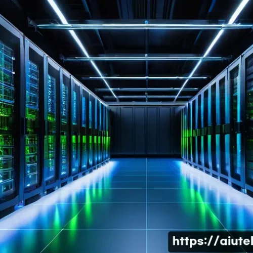 AI 하드웨어 가속기의 비용 효율성 - A futuristic large-scale data center interior showcasing rows of advanced AI hardware racks with glo...