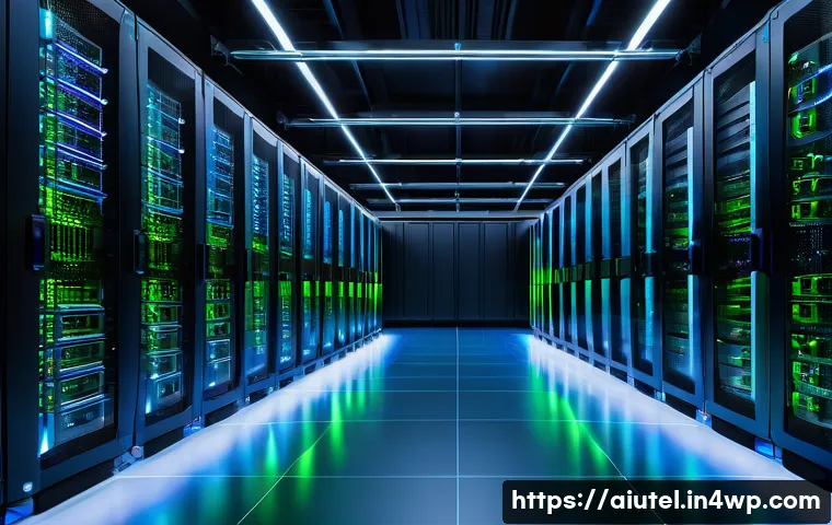 AI 하드웨어 가속기의 비용 효율성 - A futuristic large-scale data center interior showcasing rows of advanced AI hardware racks with glo...
