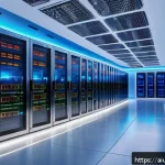 AI 하드웨어 가속기 성능 비교 도구 - A futuristic data center interior filled with rows of advanced AI hardware accelerators and servers,...