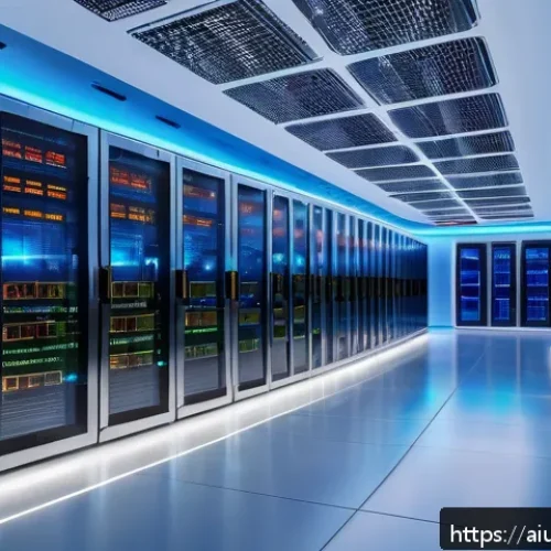AI 하드웨어 가속기 성능 비교 도구 - A futuristic data center interior filled with rows of advanced AI hardware accelerators and servers,...