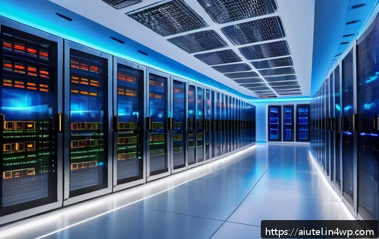 AI 하드웨어 가속기 성능 비교 도구 - A futuristic data center interior filled with rows of advanced AI hardware accelerators and servers,...