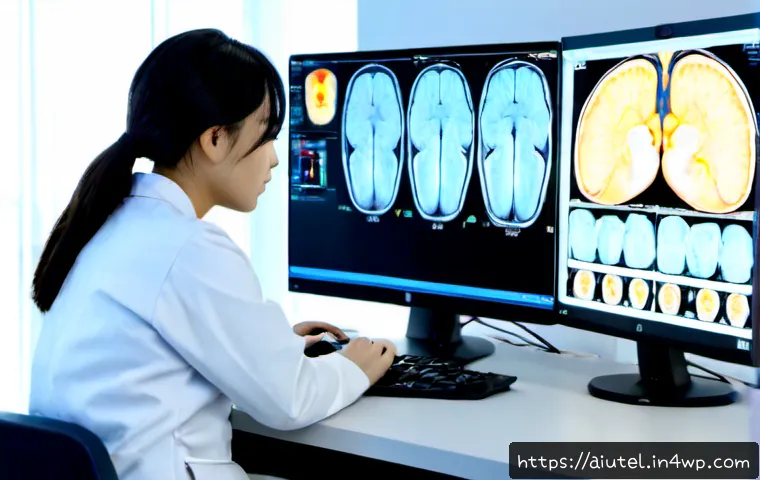 Home 13 AI 하드웨어 가속기의 애플리케이션 영역 - Photorealistic modern medical imaging workspace, a radiologist in professional attire reviewing deta...