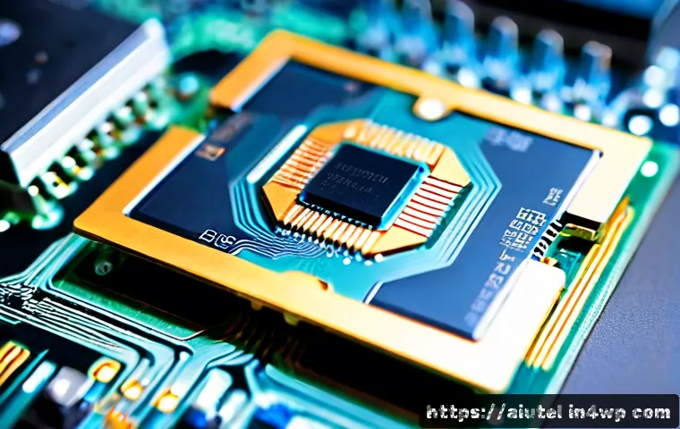 AI 하드웨어 가속기와 기술 혁신 - Photorealistic close-up of a cutting-edge AI hardware accelerator chip mounted on a clean advanced c...